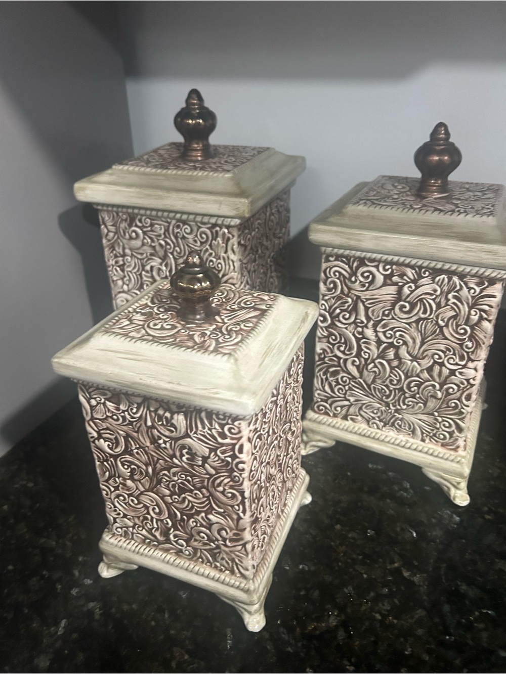 Decorative Cream and Brown Embossed Canister Trio - Home Accents